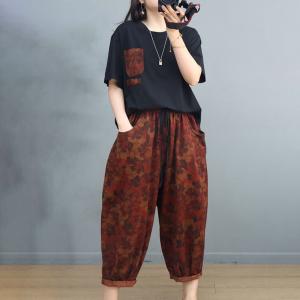 Printed Chest Pocket Cotton Tee with Cotton Linen Folk Pants