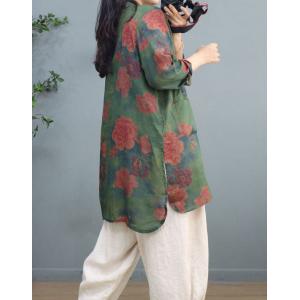 Frog Buttons Red Flowers Shacket Green Ramie Tunic
