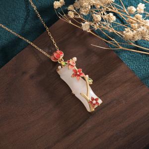 Red Enamel Flowers Necklace White Jade Bamboo Necklace