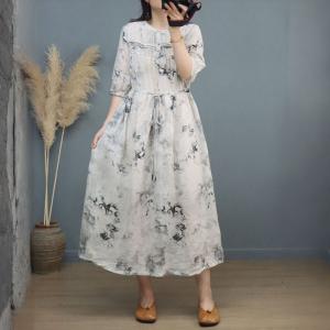 Chinese Ink Painting Tied Dress Loose Ramie White Dress