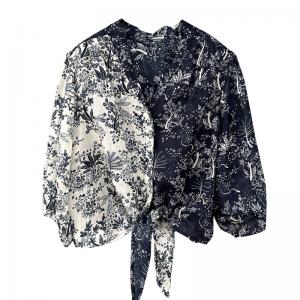 Blue and White Floral Shirt Front Knot Designer Blouse