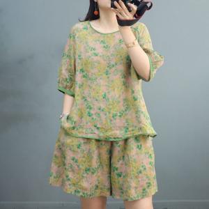 Cozy Frog Button Floral Blouse with Ramie Shorts