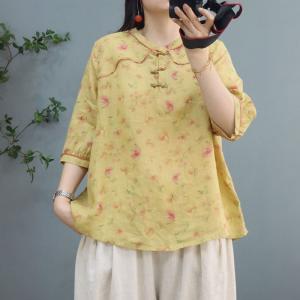 Chinese Pankou Floral Blouse Ramie Oversized Shirt