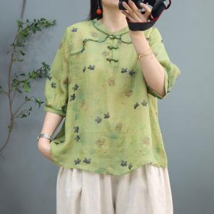 Chinese Pankou Floral Blouse Ramie Oversized Shirt