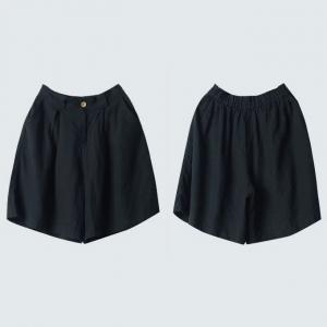 Summer Black Wide Leg Shorts Organic Linen Bermuda Shors