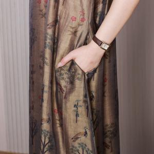 Short Sleeves Crane Patterned Dress Loose Modern Eastern Qipao