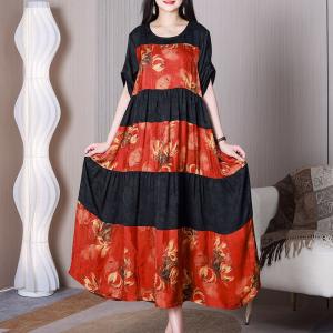 Jacquard Silk Red Tiered Dress Loose Printed Modest Dress
