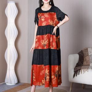 Jacquard Silk Red Tiered Dress Loose Printed Modest Dress