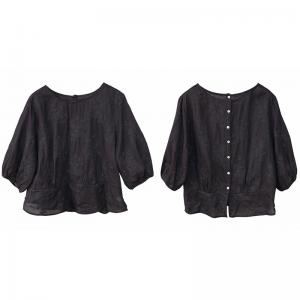 Floral Embroidery Blouse Puff Sleeves Black Blouse