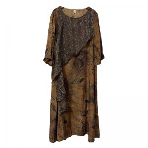 Mulberry Silk Leaf Patterned Ruffle Dress with Dolman Sleeve
