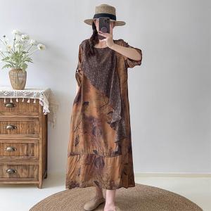 Mulberry Silk Leaf Patterned Ruffle Dress with Dolman Sleeve