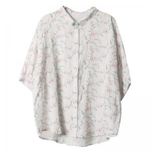 Pink Flowers Embroidery Blouse Puff Sleeves Peasant Shirt