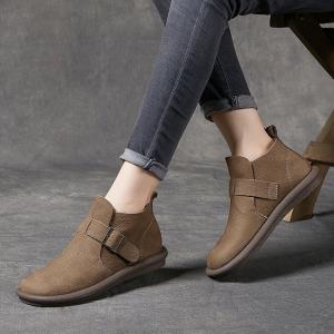 Buckle Decoration Leather Ankle Boots Cozy Round Toe Boots