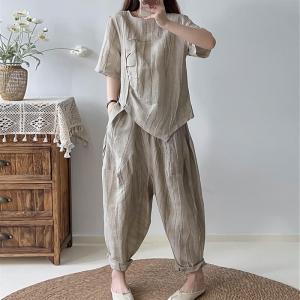 Short Sleeves Pleated Blouse with Baggy Flax Trousers