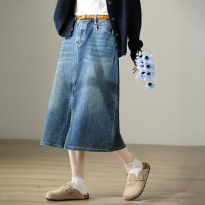 Ulzzang Style Front Slit Skirt Stone Wash Jean Skirt