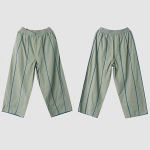 Blue Striped Straight Leg Pants Sage Green Cotton Trousers