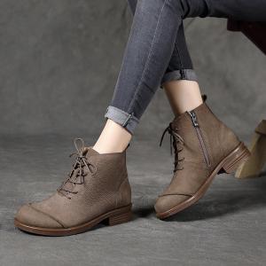Chunky Low Heels Martin Boots Womens Leather Ankle Boots