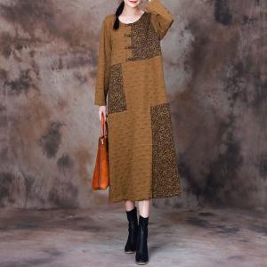 Patchwork Printed Ginger Jersey Dress with Eastern Buttons