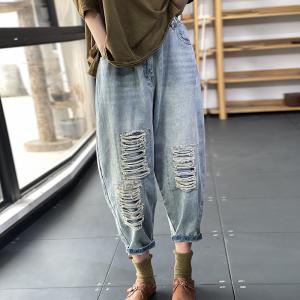 Flap Hip Pockets Ripped Jeans Hippie Tapered Jeans