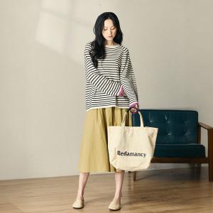 Horizontal Stripes Knit Pullover Long Sleeves Cotton Oversized Tee