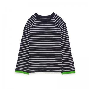 Horizontal Stripes Knit Pullover Long Sleeves Cotton Oversized Tee