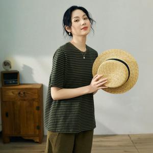 Crew Neck Striped T-shirt Cotton Casual Tee for Women
