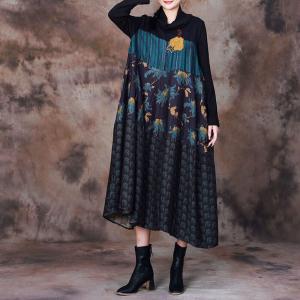 Yellow Flowers Patchwork Blue Sweater Dress with Mock Neck