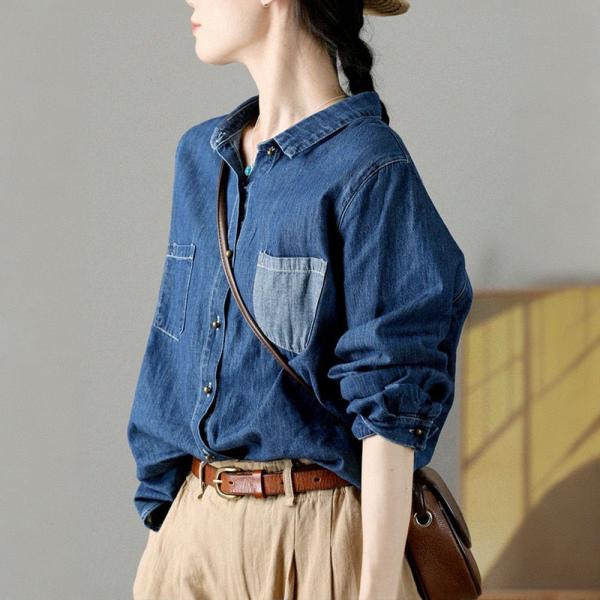 Contrast Colored Pocket Jean Shirt Cotton Linen Blue Blouse