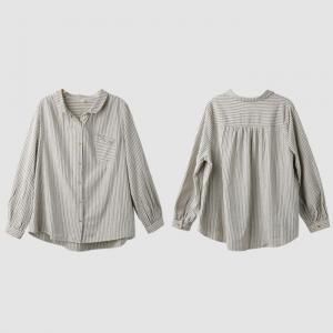 Chest Pocket Striped Blouse Cotton Linen Ladies Shirt