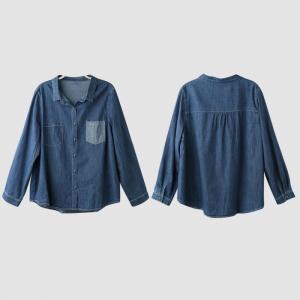 Contrast Colored Pocket Jean Shirt Cotton Linen Blue Blouse