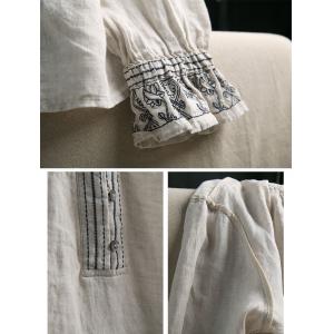 Loose Beige Embroidery Blouse Linen Henley Shirt