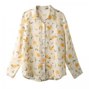 Yellow Flowers Ramie Blouse Long Sleeves Oversized Shirt