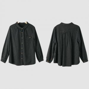 Black Striped Puff Sleeves Cotton Linen Blouse