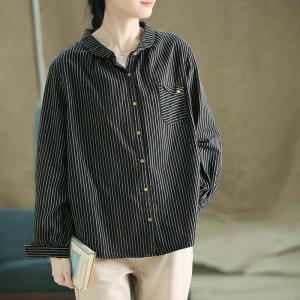 Black Striped Puff Sleeves Cotton Linen Blouse
