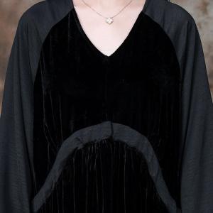Balloon Sleeves Black Velvet Dress V-Neck Elegant Tied Dress