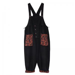 Red Flowers Pockets Corduroy Overalls Baggy Black Dungarees