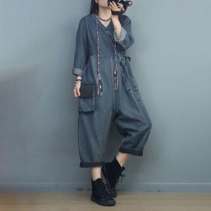 Long Sleeves Side Tied Jumpsuits V-Neck Jean Coveralls