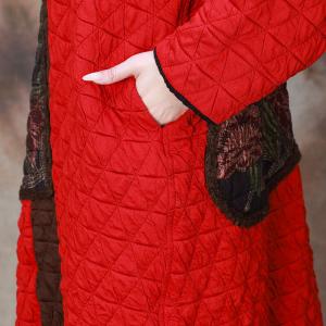 Flowers Patterned Patchwork Red Quilted Coat