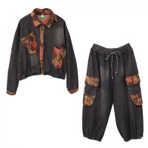 Flowers Pockets Short Jacket with Black Balloon Jeans