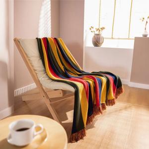 Rainbow Fringed Knitting Boho Blanket