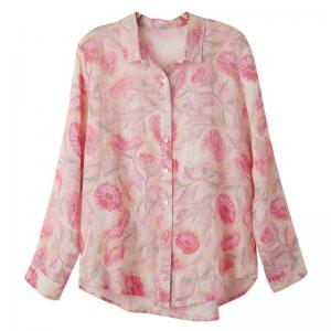 Pink Flowers Ramie Long Sleeves Polo Shirt