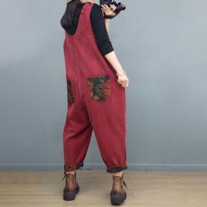 Printed Pockets Front Zip Corduroy Sleeveless Overalls
