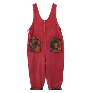 Printed Pockets Front Zip Corduroy Sleeveless Overalls