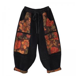 Floral Patched Pockets Baggy Corduroy Fleeced Pants