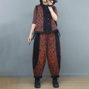 Folk Style Frog Buttons Waistcoat with Printed Quilted Pants
