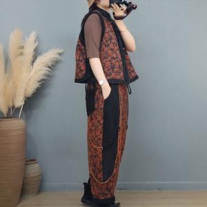Folk Style Frog Buttons Waistcoat with Printed Quilted Pants