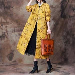 Fur Collar Chinese Button Yellow Quilted Coat