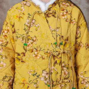 Fur Collar Chinese Button Yellow Quilted Coat