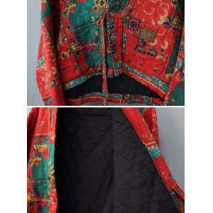 Folk Patterned Oversized Short Red Kimono Coat