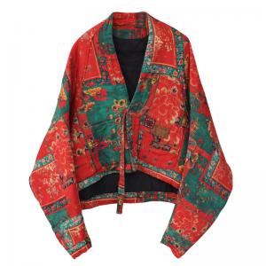 Folk Patterned Oversized Short Red Kimono Coat